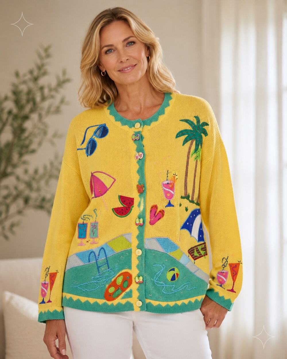 Quacker Factory Cardigan L Beach Vacation Embellished Coastal Grandma Vintage - Picture 1 of 14